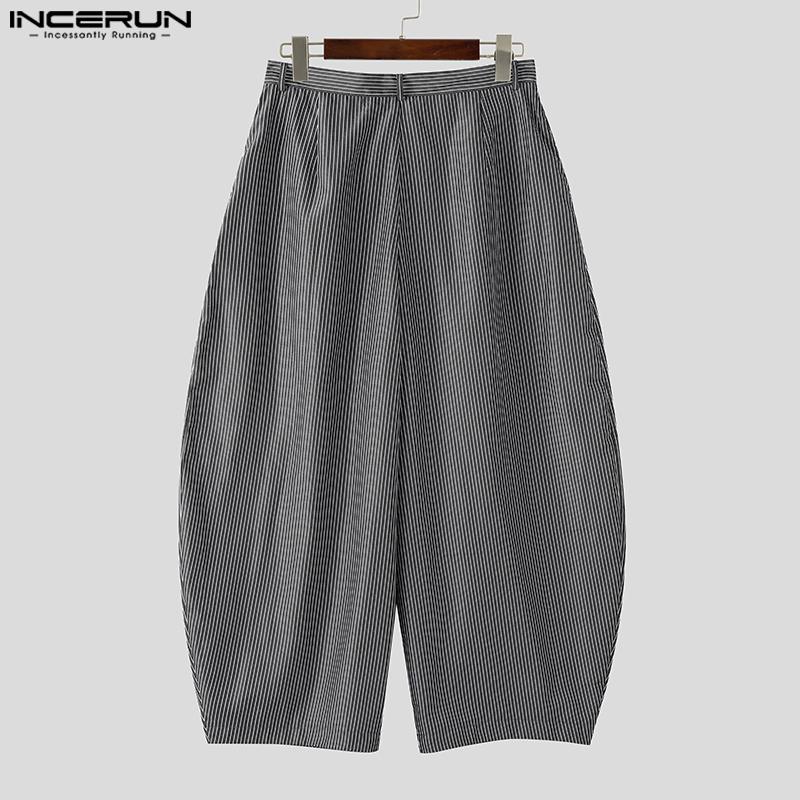 INCERUN Men Zip-up Waist Striped Loose Casual Baggy Pants Long Trousers