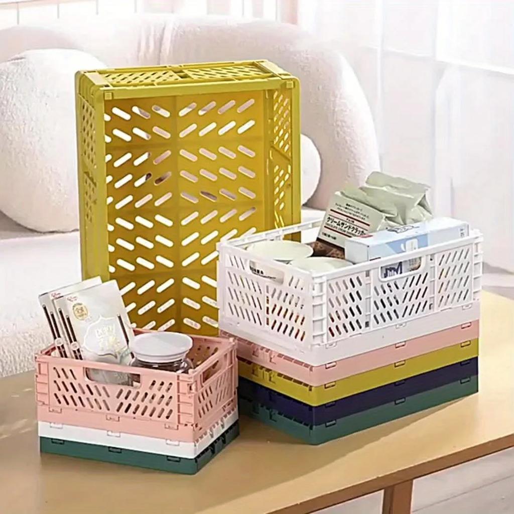 1pc, Folding Plastic Storage Basket, Desktop Stackable Storage Bin, Living Room Refrigerator Storage Box, Under-Bed Storage