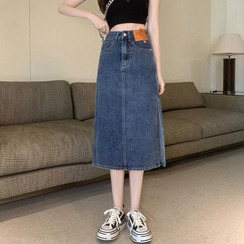 

Половина бокового разреза Дизайн кожаной этикетки Высокая талия Средняя длина секция А-силуэта Пакет бедра джинсовая юбка женская удобная модная джинсовая юбка-бюстье XXL сине серый