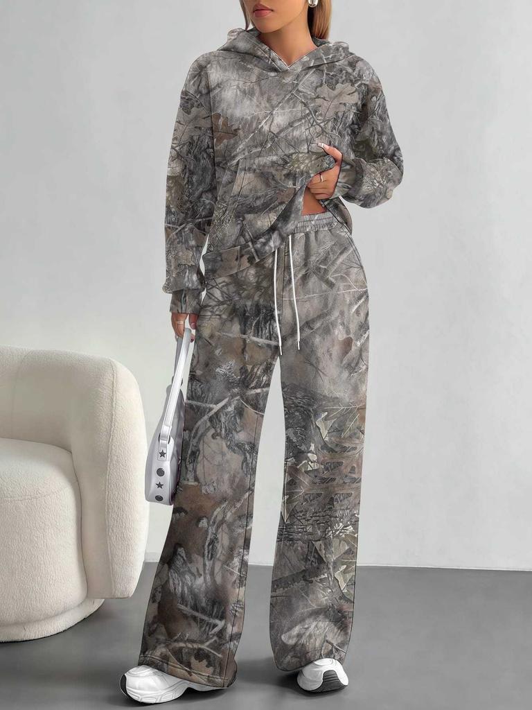 Camouflage European and American Autumn and Winter Casual Long-sleeved Suit Women's Hooded Sweater Trousers Two-piece Set