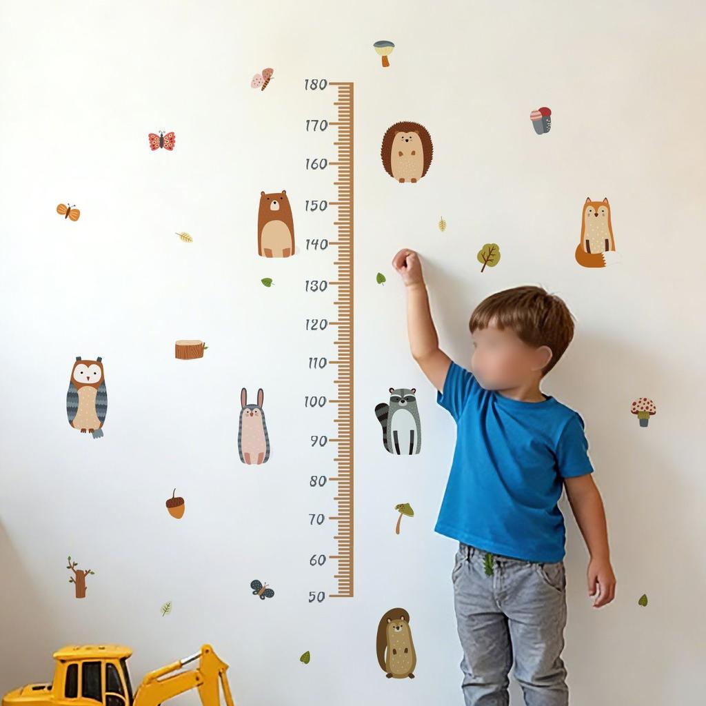 Fun Cartoon Animal Wall Stickers with Height Scale for Children's Room Decoration PVC Removable Decals 60x30cm Set of 2