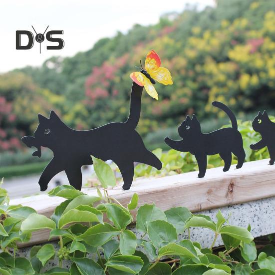 Zahradní cedule s kočkami, kovové sochy s černými siluetami koček, odpuzující ptáky, venkovní dekorace, cedule s kočkami pro matky a děti, dekorace na dvůr a trávník.