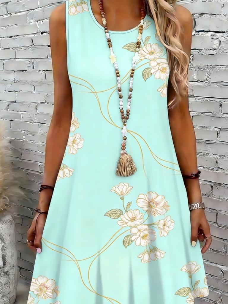 Women's Floral Print Round Neck Dress, Fashion Casual Sleeveless Short Dress for Daily Outdoor Wear, Ladies Dress for Summer