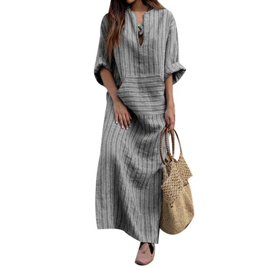Vintage Stripe Print V-Neck Long Sleeve Women Loose Cotton Linen Maxi Dress