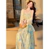 Summer New Exquisite Women's Clothing Seaside Vacation Blue Suspender Floral Sanya Thai Dress Children Summer