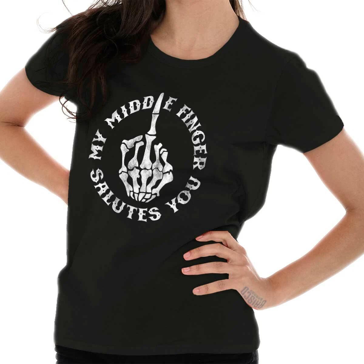 Funny Skeleton My Middle Finger Salutes You Womens Top Junior Graphic Tee XS