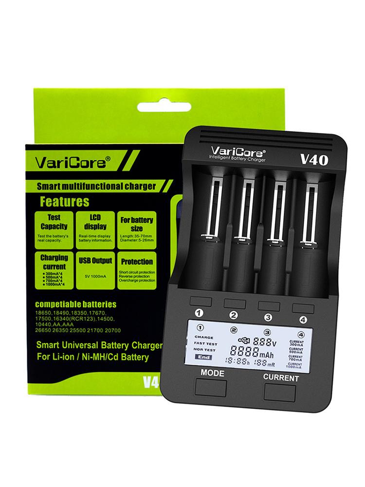 

VariCore V40 18650 интеллектуальное зарядное устройство для литиевых аккумуляторов 3,7 В 26650 10440 16340 18350 14500 1,2 В NiMH AA AAA аккумулятор с вилкой США, ЕС, Великобритании