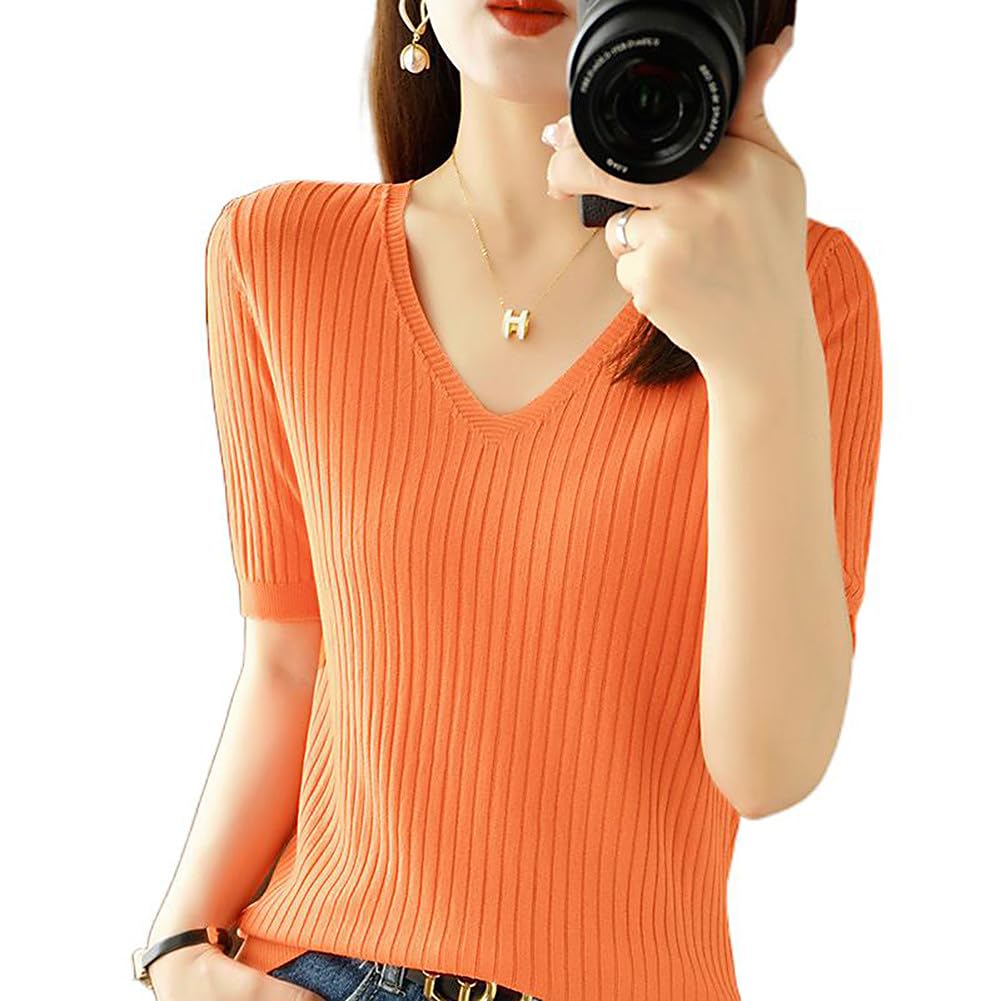 

Summer Short Sleeve Summer Cut and Cool to the L [Bolan Verl] Women s Knit, Top, Knit, Sewn, V-Neck, Thin, Touch, Ribbed, Stretch, Slim, Innerwear, помаранчевий