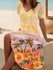 Women's Floral Print V-Neck Short Sleeve Dress,Black Background with Multicolor Flowers,Casual Beach Dress