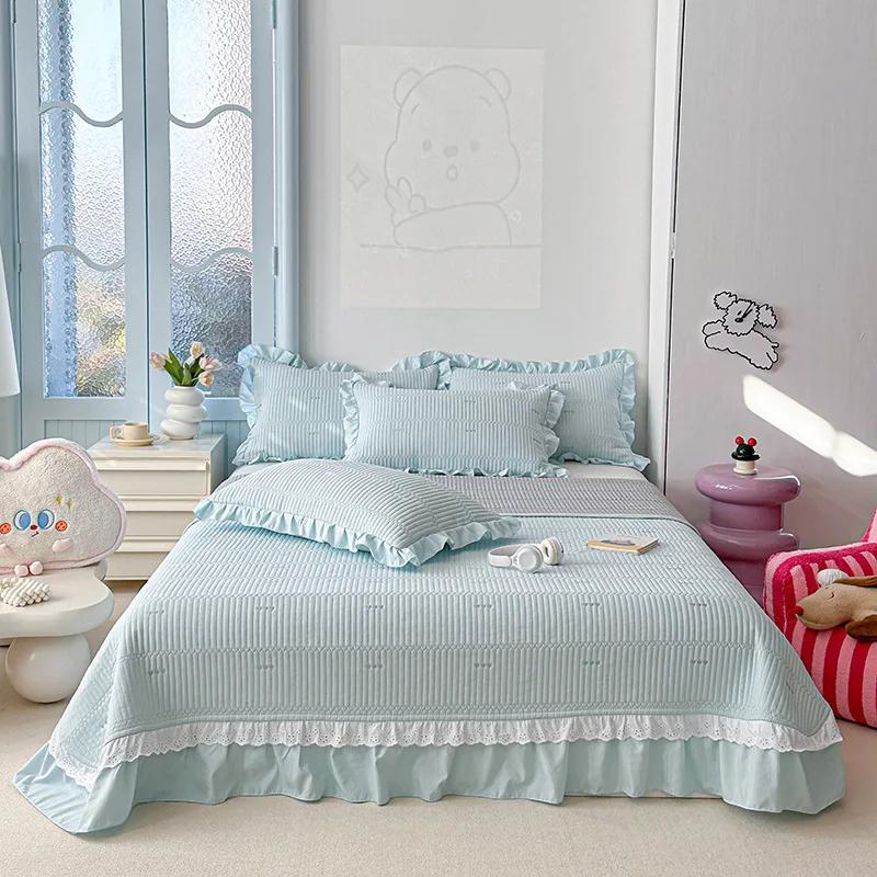 2025 New Kapok Twill Bed Cover Three Piece Set Kapok Love Solid Color Lace Bed Cover with a Pair of Pillowcases