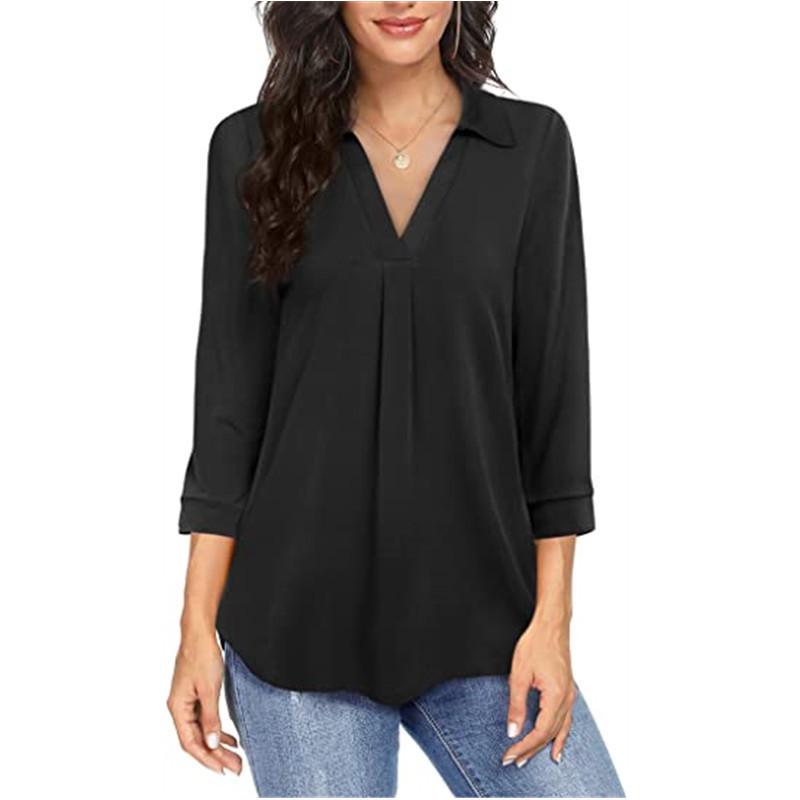 2025 Elegant Chiffon V-Neck Women's Shirt - Three-Quarter Sleeves, Solid Color
