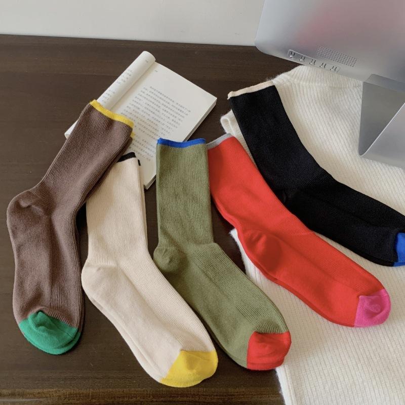 Socks Women'S Contrasting Color Trendy Socks Double Needle Pure Cotton Medium Tube Socks Drawing Casual Versatile Socks