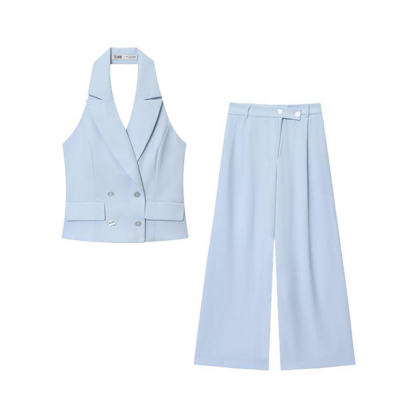 Kaslead New Women clothes Western Style Double Placket Neck Collar Vest Pleated Pants 1608124 1608024
