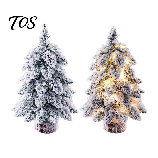 Indoor Small Decorative Pine Trees Mini Flocked Christmas Tree with LED Lights, Tabletop Nordic Holiday Party Home Office Decoration Wood Base, Rustic