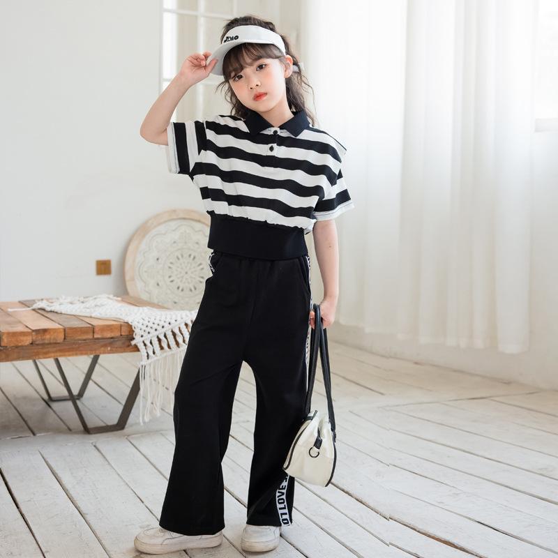 Girls Striped Suit POLO Shirt Loose Trousers Two-piece Children's Casual  Summer Clothes