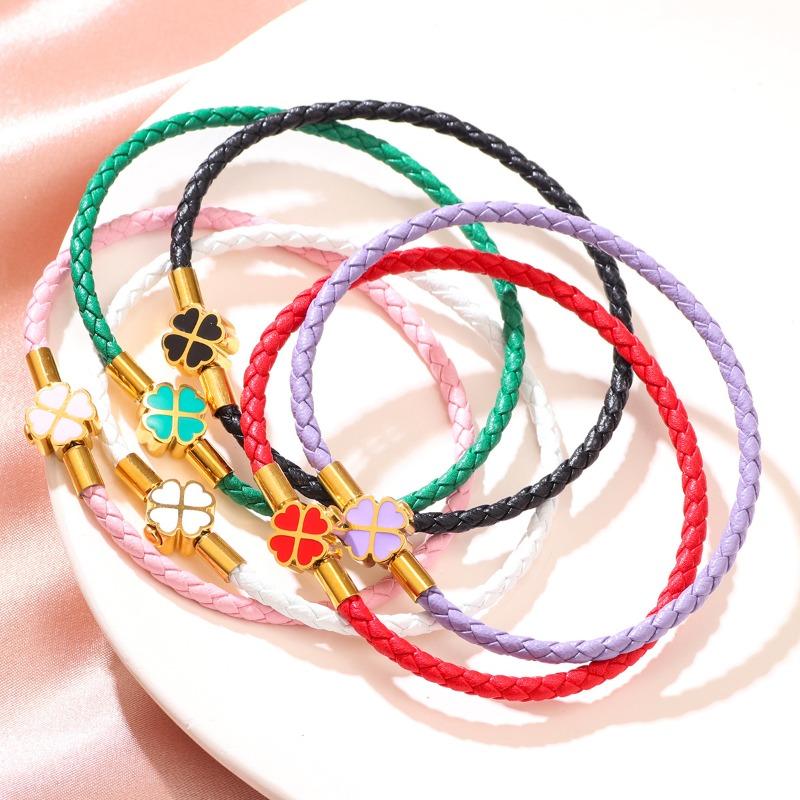Glücksklee Armband für Frauen Echtes geflochtenes Lederarmband 6 Farben Geburtstagsfeier Schmuck Weihnachtsgeschenke