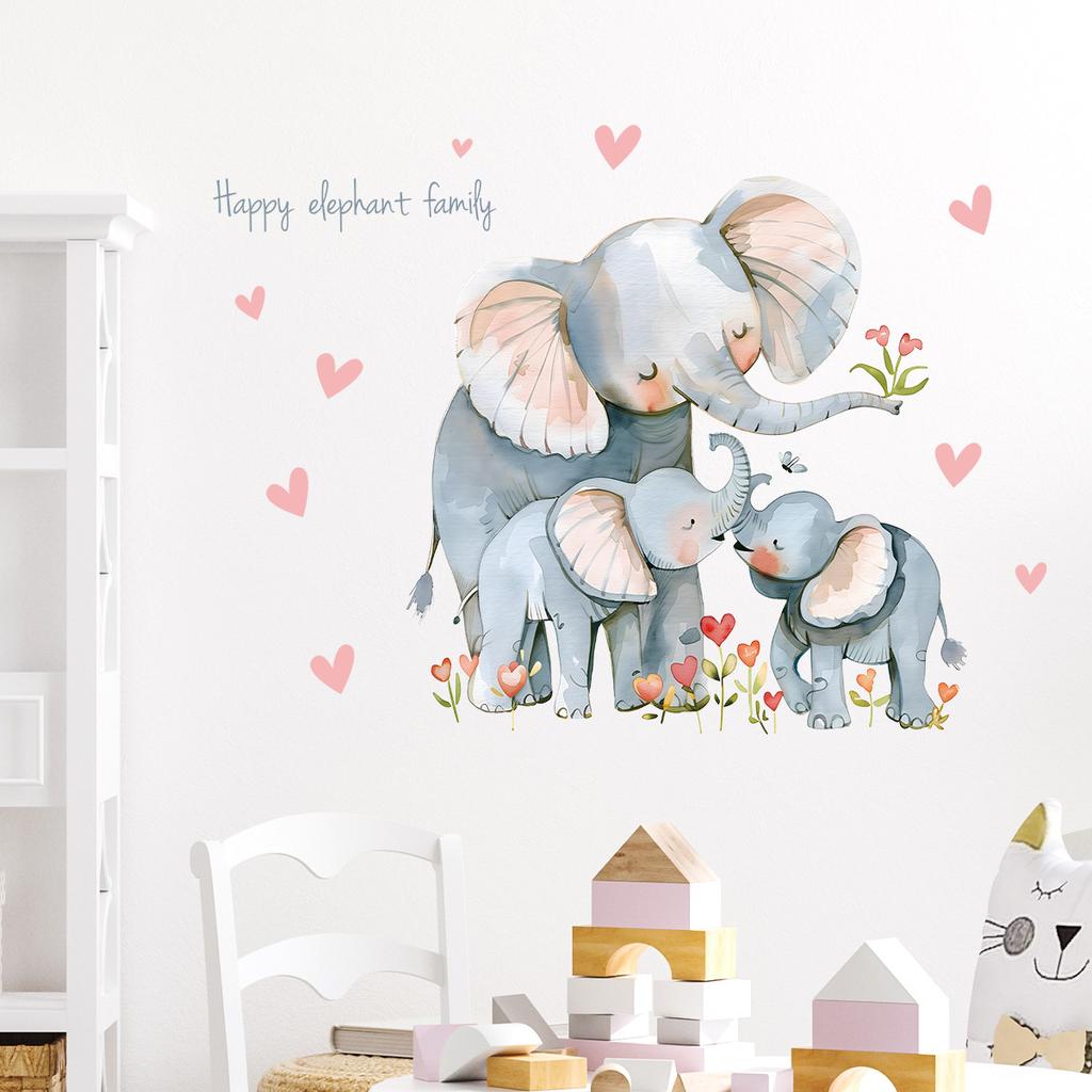 Cartoon Cute Elephant with Hearts and Flowers Wall Stickers, Self-Adhesive Decor for Kids Room Bedroom Decoration