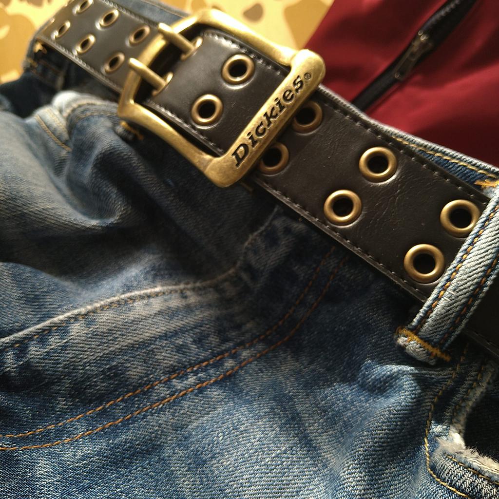 New Color 40mm Eyelet Double Pin PU Leather Belt Brown X Vintage Free Size [Dickies] (dark Gold)