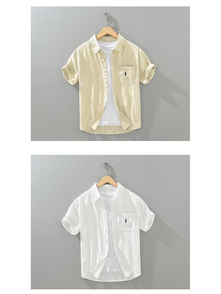 1267 Solid Color Short Sleeve Cotton Linen Shirt