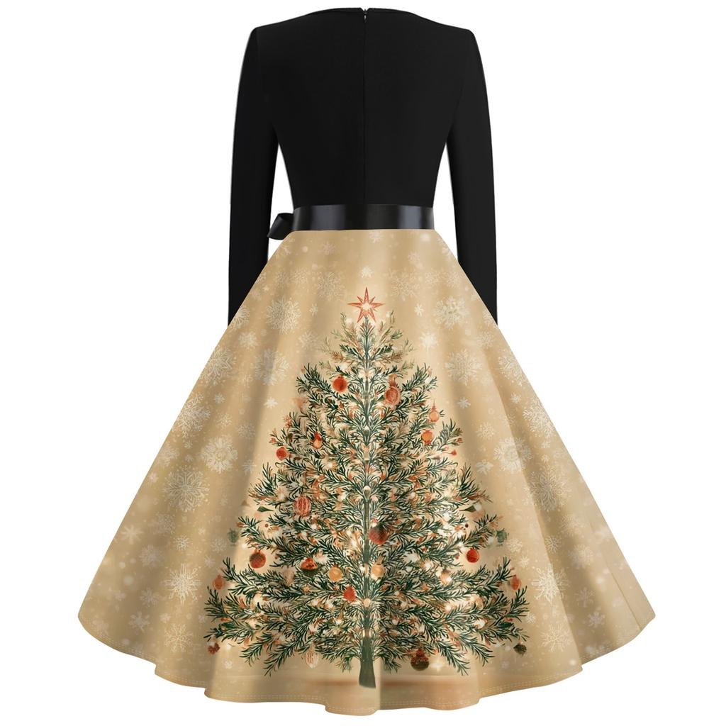 Christmas Print Flare Dress For Women Long Sleeve Dress Hollow Party Casual Square Collar Dresses