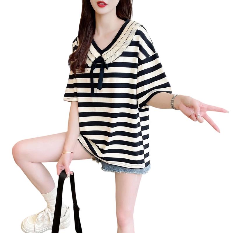 La Chapelle Striped V-Neck Short Sleeve T-Shirt 2XL