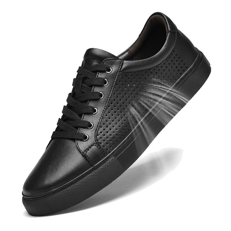 Mens Genuine Leather Pure White Lace Up Outdoor Sports Shoes High Quality Soft Sole Comfortable Hiking Youth Skateboarding Shoes