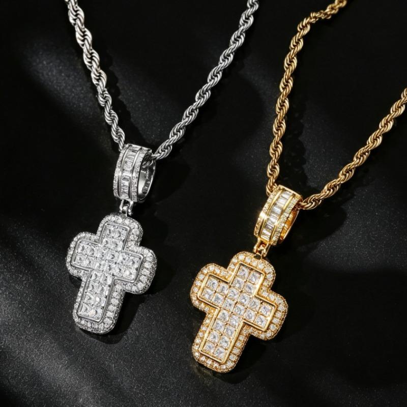 European and American Hip-hop New T-shaped Cross Pendant Necklace with Copper Inlaid Zircon Street Trend Brand Niche Men's Accessories