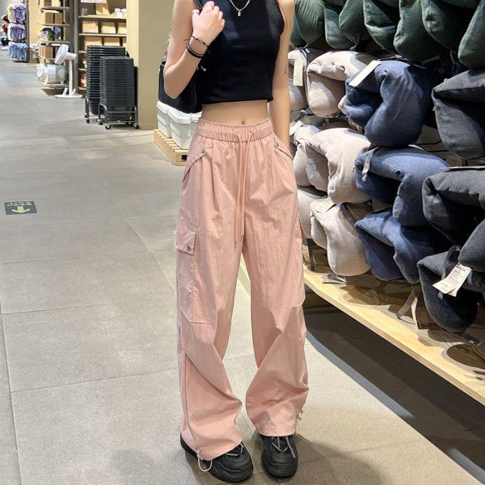 Women's American Spicy Girl Cargo Drawstring Wide Leg Casual Pants - Spring Loose Straight Leg Floor-Length Trousers