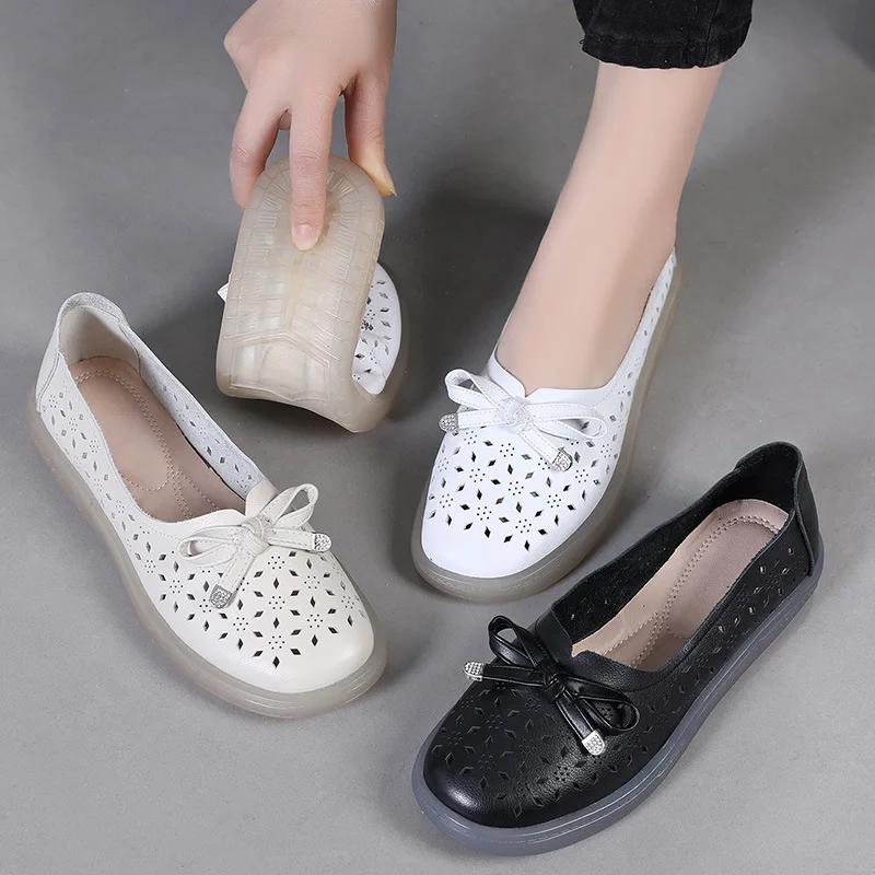 Fashion Genuine Leather Shoes Hollow Out Women Ballet Flats Summer Women's Solid Soft Bottom Shoes Woman Slip on Loafers