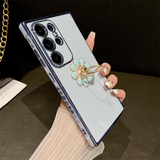 For Samsung Galaxy S24 Ultra Luxury Plating Frame Ring Stand Holder Phone Case For Samsung S21 S22 S23plus A25 A52 A54 A55 Cover