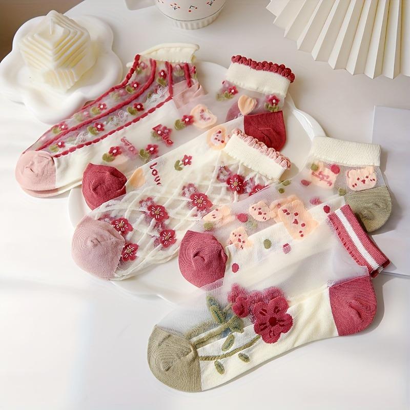 5 Pairs Spring And Summer Collection Adolescent Crystal Cute Little Bear Flower Glass Fiber Short Socks., for Teenager, For Teenager