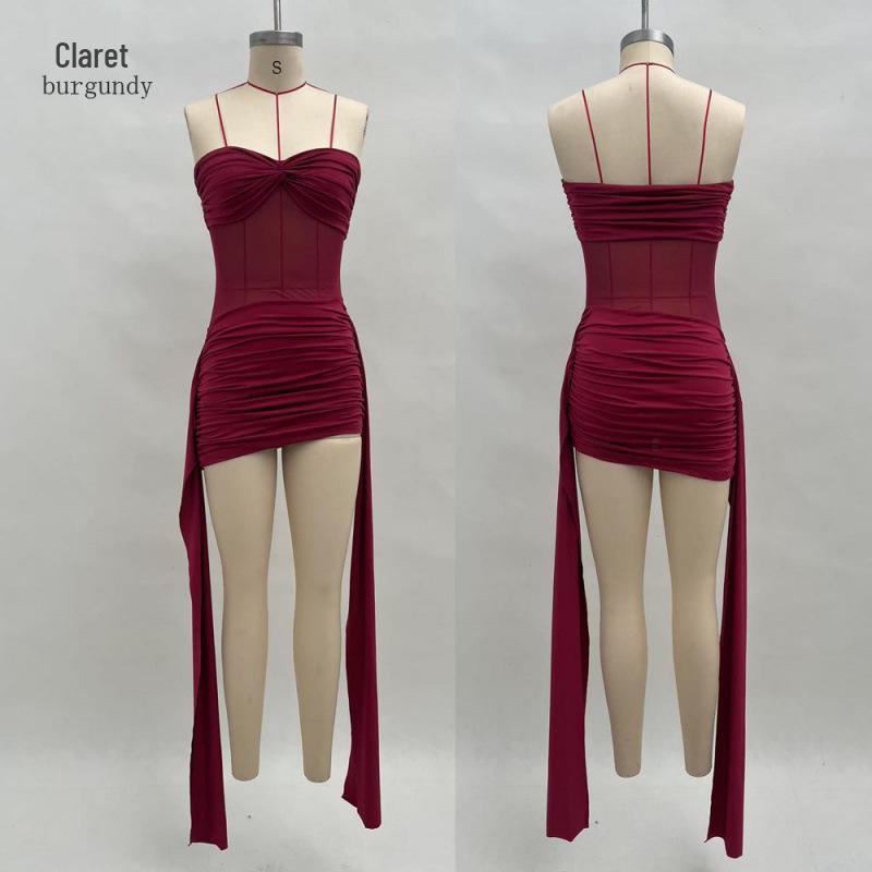 2025 Summer Women s Strapless Chiffon Dress with Mesh Patchwork and Ribbon Large