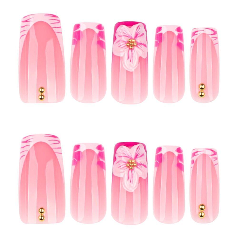 Unghie Finte Lunghe Staccabili Stile Ballerina Fiori Rosa e Strisce Unghie Finte Francesi Unghie Finte Full Cover per Donne