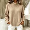 Women's Color Ribbed Knit Cardigan with Stand Collar and Double Zipper, Loose Fit Long Sleeve Sweater Coat for Fall and Winter