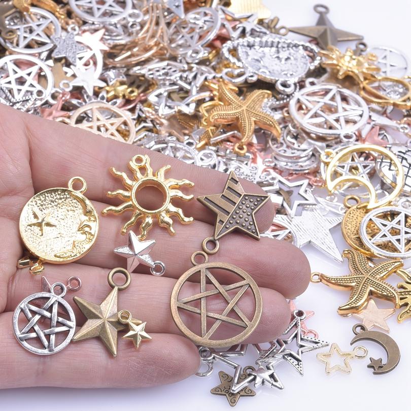 Vintage Sun Filigree Moon Star Charm Mix 10/20/30/50pcs Random Metal Galaxy Pendant Charms For Jewelry Making Supplies Materials