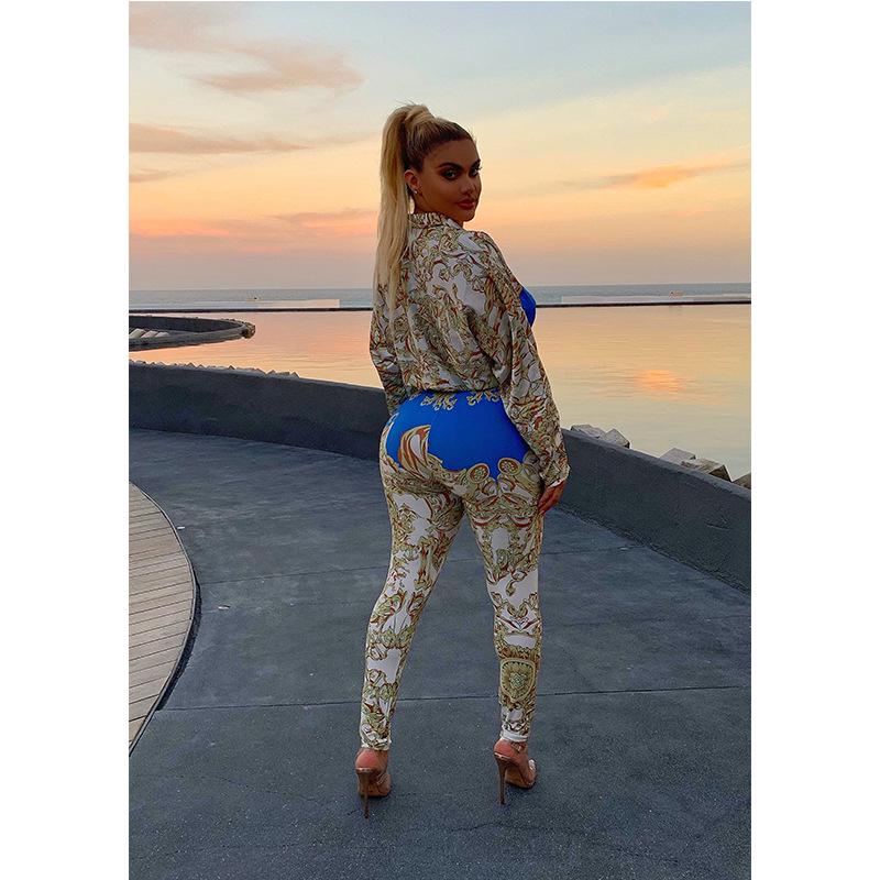 2022 Casual European & American Fashion Print Long-Sleeve Sexy Two-Piece Women's Set
