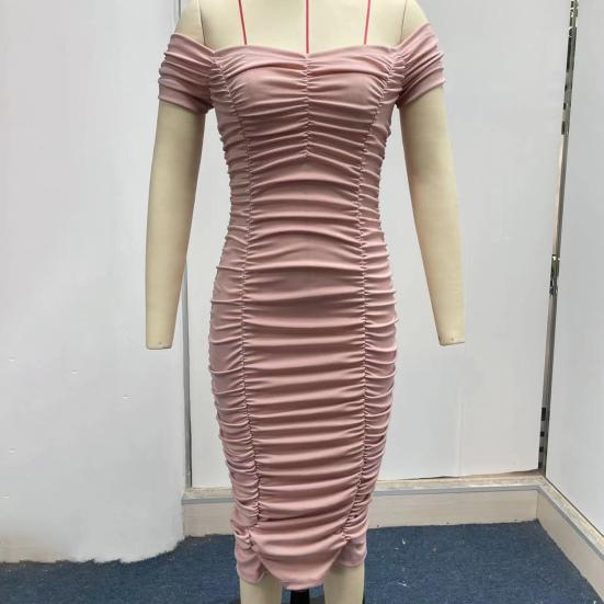 Šaty s krátkým rukávem, v pase přiléhavé, s obepnutím boků, jednobarevné, sexy, elegantní, s odhalenými rameny, řasené, plisované, midi, úzké, streetové