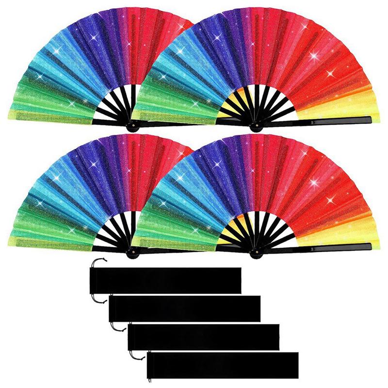 

AEE4-4Pcs Glitter Rainbow Hand Fan Handheld Rave Fan Performance Clack Dance Fan Chinese Festival Fan Decorative Folding Fan