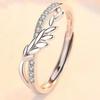 Fashion Unique Open Leaf Design Ring Adjustable Band with Cubic Zirconia Accents for Women Minimalist Style Finger Jewelry