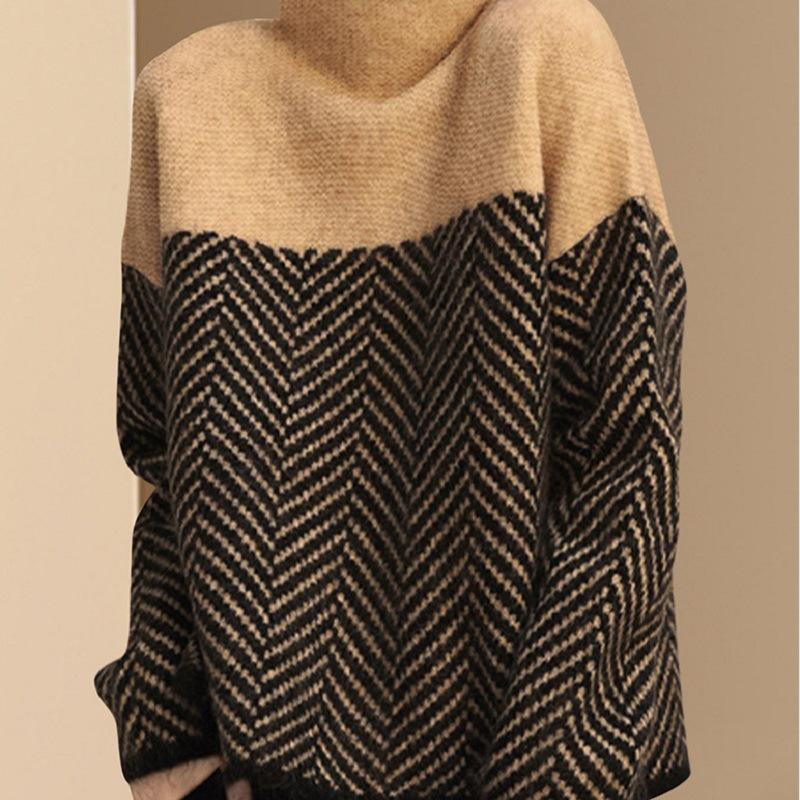 Suéter de Punto Retro Color Block Cuello Semi Alto Otoño Invierno Diseño Holgado Estilo Lazy Jersey Top