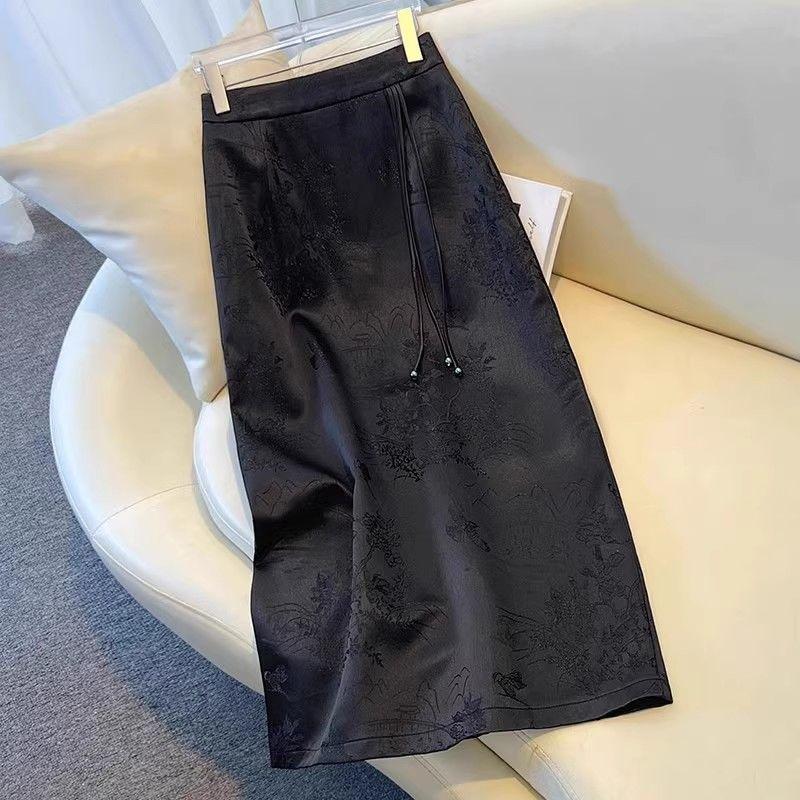 Vintage Chinese Floral Embroidery Satin Pencil Skirt Women Elegant High Waist A Line Midi Autumn