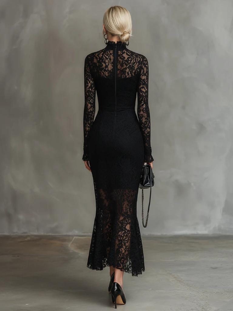 Elegant Party Black Elastic Lace Fishtail Long Dress