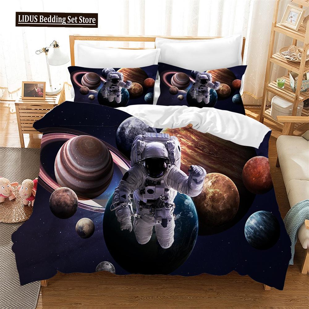 3D Astronaut Duvet Cover Set Galaxy Star Bedding Set Polyester Comforter Cover Girl Kid Bedroom Decor King Size With Pillowcase