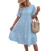 Summer Women Dress Hollow Out O Neck Short Horn Sleeves A-line Pleated Patchwork Solid Color Big Swing Embroidery Vacation Beach Midi Dress