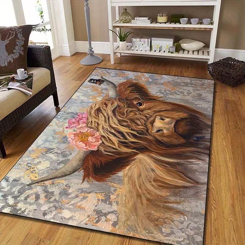 Highland Cows and Flowers Pattern Mat Non-Slip Kitchen Mat, Fashionable Home Decor for Living Rooms, Bedrooms, Hallway Entrances