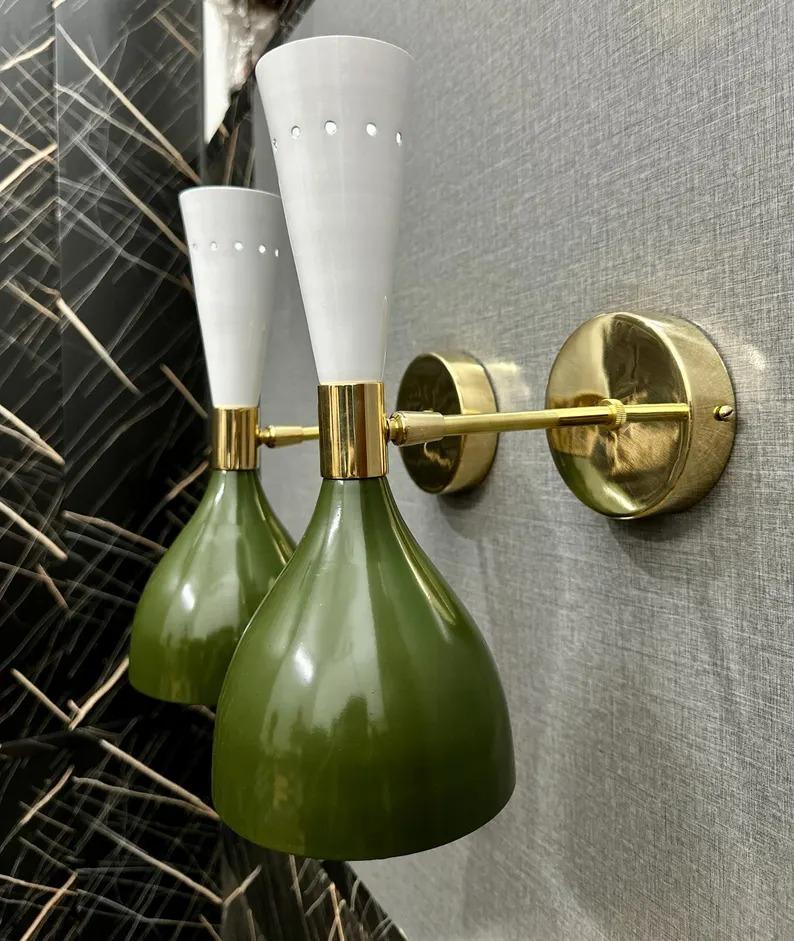 Handmade Brass Double Cone Sconces: Olive Green & White Vanity Lights
