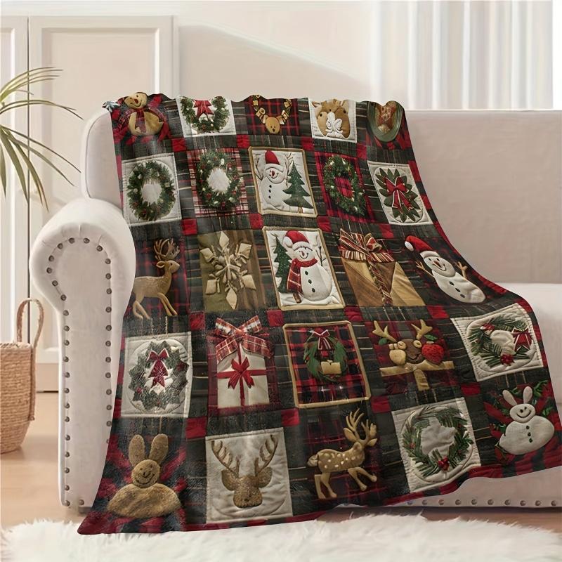 1pc Vintage Christmas Plaid Patchwork Blanket – Soft and Cozy Flannel Material, Perfect for Sofa, Bed, Car, Office, Camping