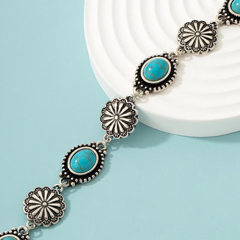 Bohemian Turquoise Bracelet With Antique Silver Floral Details For Daily Wear Beach Vacation Boho Events