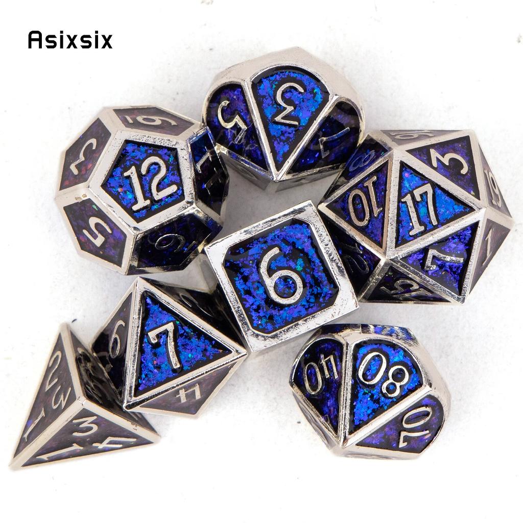 7 Pcs Silver Blue Standard Metal Dice Solid Metal Polyhedral Dice Set Suitable for Role-Playing RPG  Board Game Card Game