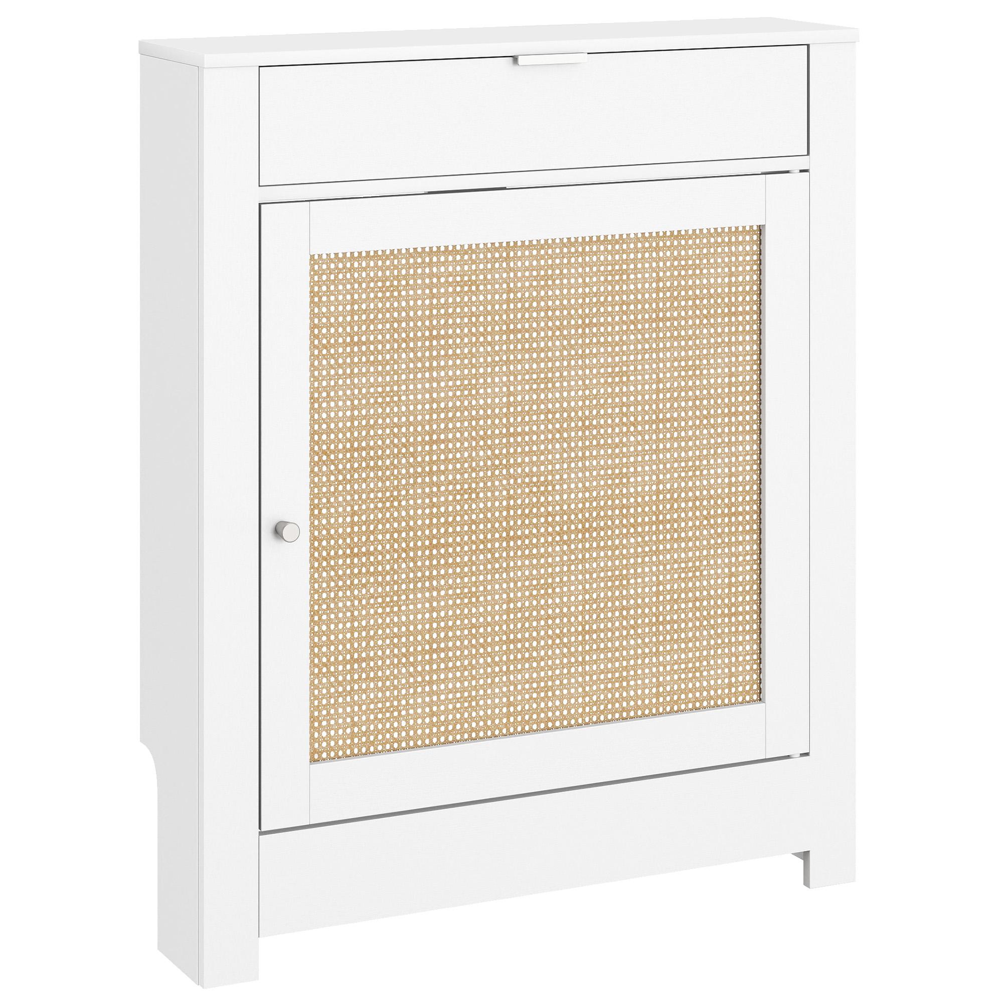 Osłona grzejnika z drzwiczkami na zawiasach i rattanowym schowkiem, design bohema, do salonu, sypialni, biała 78 x 19 x 95.5 cm